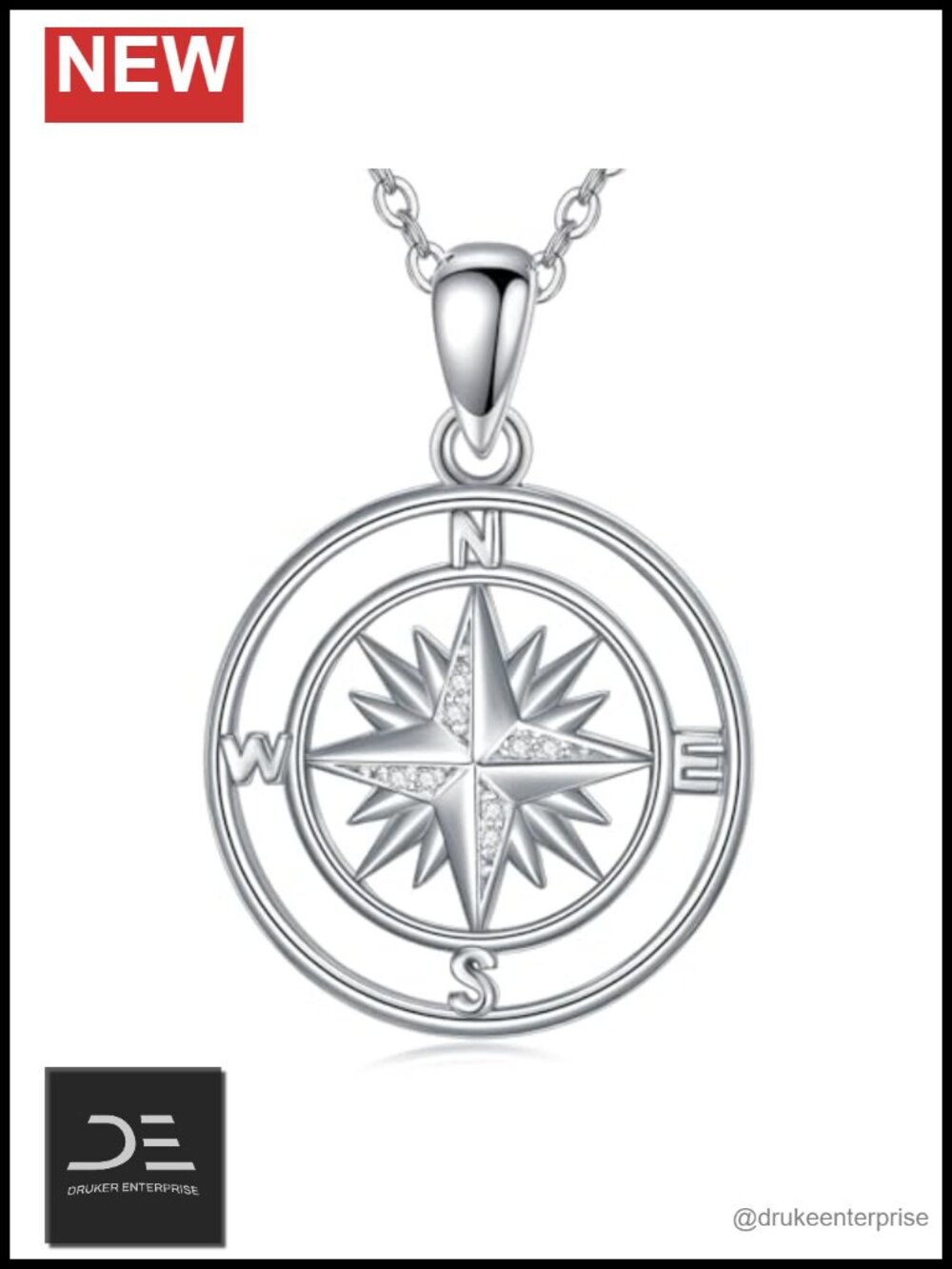 Sterling Silver Diamond Compass Pendant Necklace 18in Cable Chain Graduation